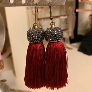 Graphite Rhinestone/Red Tassel Drop Earrings